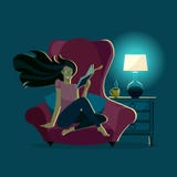Девушка читает книгу вечером в удобном кресле светом лампы стола Книга readind молодой женщины в темноте под светом иллюстрация штока Девушка читает книгу вечером в удобном кресле светом лампы стола Книга readind молодой женщины в темноте под светом иллюстрация штока