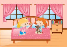 Девушки играя куклы в спальне иллюстрация вектора Девушки играя куклы в спальне иллюстрация вектора