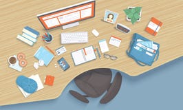 Деревянный стол с гнездом, стул, монитор, книги, тетрадь, наушники, телефон Современное и стильное рабочее место бесплатная иллюстрация Деревянный стол с гнездом, стул, монитор, книги, тетрадь, наушники, телефон Современное и стильное рабочее место бесплатная иллюстрация
