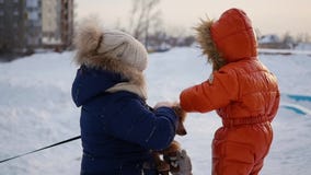 Дети играя с собакой в зиме на заходе солнца сток-видео Дети играя с собакой в зиме на заходе солнца сток-видео