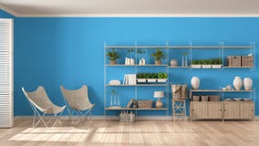 Дизайн интерьера Eco белый и голубой с деревянными книжными полками, diy ve стоковое фото rf Дизайн интерьера Eco белый и голубой с деревянными книжными полками, diy ve стоковое фото rf