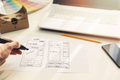 Дизайнерское wireframe развития вебсайта чертежа на бумаге стоковое фото rf Дизайнерское wireframe развития вебсайта чертежа на бумаге стоковое фото rf