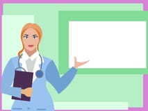 Доктор женщины с планшетом в пунктах руки к плакату, белому квадрату Квартира вектора мультфильма бесплатная иллюстрация Доктор женщины с планшетом в пунктах руки к плакату, белому квадрату Квартира вектора мультфильма бесплатная иллюстрация