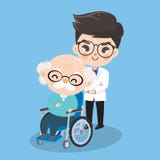 Доктор мальчика позаботится о пациенты старика с кресло-колясками иллюстрация вектора Доктор мальчика позаботится о пациенты старика с кресло-колясками иллюстрация вектора