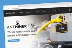Домашняя страница вебсайта валюты горнодобывающей компании cryptocurrency bitcoin Bitmain секретная с горнорабочим муравья стоковое фото rf Домашняя страница вебсайта валюты горнодобывающей компании cryptocurrency bitcoin Bitmain секретная с горнорабочим муравья стоковое фото rf