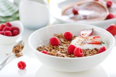 Домодельные granola или muesli еды овса с свежим летом приносить поленика и клубника †«с югуртом Стоковое фото RF Домодельные granola или muesli еды овса с свежим летом приносить поленика и клубника †«с югуртом Стоковое фото RF