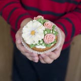 Домодельные пирожные губки с замораживать buttercream цветков Мальчик держит украшенное пирожное Сладкий подарок к маме стоковые изображения rf Домодельные пирожные губки с замораживать buttercream цветков Мальчик держит украшенное пирожное Сладкий подарок к маме стоковые изображения rf