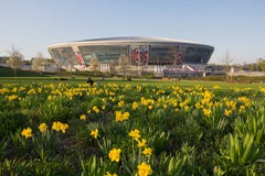 Донецк, Украина - 29-ое апреля 2017: Стадион арены Donbass стоковое изображение rf Донецк, Украина - 29-ое апреля 2017: Стадион арены Donbass стоковое изображение rf