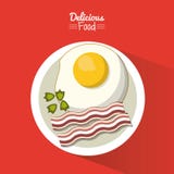 Еда плаката очень вкусная в красной предпосылке с блюдом яичницы с беконом иллюстрация вектора Еда плаката очень вкусная в красной предпосылке с блюдом яичницы с беконом иллюстрация вектора