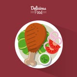 Еда плаката очень вкусная в фиолетовой предпосылке с блюдом жареной курицы с овощами бесплатная иллюстрация Еда плаката очень вкусная в фиолетовой предпосылке с блюдом жареной курицы с овощами бесплатная иллюстрация