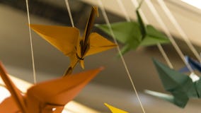 Желтая, голубая, красная птица origami на серой предпосылке стоковые изображения rf Желтая, голубая, красная птица origami на серой предпосылке стоковые изображения rf