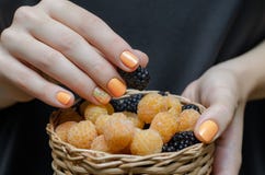 Женские руки с оранжевым дизайном ногтя стоковое изображение Женские руки с оранжевым дизайном ногтя стоковое изображение