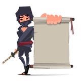 Женский ратник ninja показывая старую бумагу к представлять техник ninja Стоковая Фотография Женский ратник ninja показывая старую бумагу к представлять техник ninja Стоковая Фотография