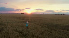Женщина бежит на поле к заходу солнца движение медленное Женщина бежит на поле к заходу солнца движение медленное