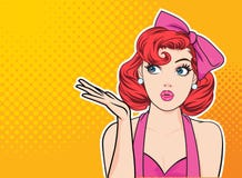 Женщина представляет некоторый продукт со стилем комиксов искусства попа предпосылки точки иллюстрация штока Женщина представляет некоторый продукт со стилем комиксов искусства попа предпосылки точки иллюстрация штока