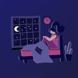 Женщина с инсомнией Концепция современной руки вычерченная плоская с грустной несчастной молодой женщиной сидя на кровати вечером иллюстрация вектора Женщина с инсомнией Концепция современной руки вычерченная плоская с грустной несчастной молодой женщиной сидя на кровати вечером иллюстрация вектора