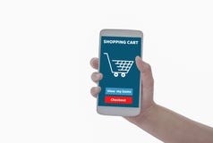 Женщины держа смартфон в руках с добавляют к продукту тележки для того чтобы купить онлайн изолированную белую предпосылку, с ход стоковое изображение rf Женщины держа смартфон в руках с добавляют к продукту тележки для того чтобы купить онлайн изолированную белую предпосылку, с ход стоковое изображение rf