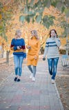 Жизнерадостные привлекательные 3 лучшего друга молодых женщин идя и имея потеха совместно снаружи стоковое фото Жизнерадостные привлекательные 3 лучшего друга молодых женщин идя и имея потеха совместно снаружи стоковое фото