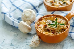 Зажаренный в духовке gratin грибов, цыпленка и сыра в лотке Стоковые Изображения Зажаренный в духовке gratin грибов, цыпленка и сыра в лотке Стоковые Изображения