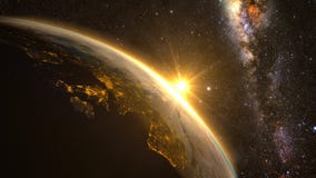 Земля планеты с эффектным восходом солнца иллюстрация штока Земля планеты с эффектным восходом солнца иллюстрация штока