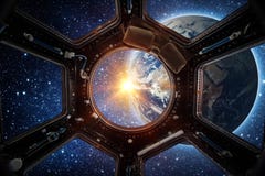 Земля и галактика в окне международной космической станции космического корабля стоковое изображение Земля и галактика в окне международной космической станции космического корабля стоковое изображение
