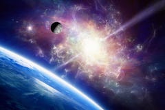 Земля планеты в космосе, луне двигает по орбите вокруг земли, спиральной галактики стоковая фотография rf Земля планеты в космосе, луне двигает по орбите вокруг земли, спиральной галактики стоковая фотография rf