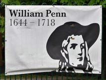 Знак чествуя жизнь Уильям Пенн, предыдущего Quaker, и основателя английской североамериканской колонии провинция Pennsy стоковые фотографии rf Знак чествуя жизнь Уильям Пенн, предыдущего Quaker, и основателя английской североамериканской колонии провинция Pennsy стоковые фотографии rf