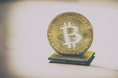Золотое Bitcoin на процессоре компьютера Место для текста там тонизируют стоковые фото Золотое Bitcoin на процессоре компьютера Место для текста там тонизируют стоковые фото