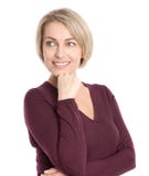 Изолированная усмехаясь середина постарела женщина в одеждах падения смотря sidew стоковое изображение rf Изолированная усмехаясь середина постарела женщина в одеждах падения смотря sidew стоковое изображение rf