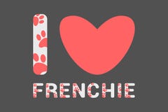 Изолированный я люблю текст frenchie с розовыми печатями лапки собаки Оформление с печатью животной ноги Красное сердце иллюстрация вектора Изолированный я люблю текст frenchie с розовыми печатями лапки собаки Оформление с печатью животной ноги Красное сердце иллюстрация вектора