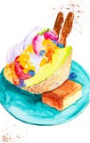 Иллюстрация акварели очень вкусного десерта дыни, клубники, голубики, сливк и торта окруженных обломоками шоколада иллюстрация вектора Иллюстрация акварели очень вкусного десерта дыни, клубники, голубики, сливк и торта окруженных обломоками шоколада иллюстрация вектора