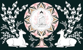 Иллюстрация Будды сидит в Dharmachakra и оленях на день Visakha Puja бесплатная иллюстрация Иллюстрация Будды сидит в Dharmachakra и оленях на день Visakha Puja бесплатная иллюстрация