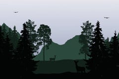 Иллюстрация вектора ландшафта горы с лесом, оленем и бесплатная иллюстрация Иллюстрация вектора ландшафта горы с лесом, оленем и бесплатная иллюстрация
