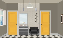 Иллюстрация комнаты с желтыми дверями, стулом, книгами, лампой и commode Интерьер комнаты с мебелью иллюстрация штока Иллюстрация комнаты с желтыми дверями, стулом, книгами, лампой и commode Интерьер комнаты с мебелью иллюстрация штока