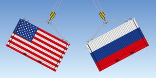 Иллюстрация 2 контейнеров перед ударом, символ коммерчески войны между Соединенными Штатами и Россия иллюстрация вектора Иллюстрация 2 контейнеров перед ударом, символ коммерчески войны между Соединенными Штатами и Россия иллюстрация вектора