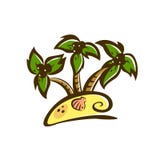 Иллюстрация покрашенная графиком абстрактная с тропическим островом, зелеными пальмами, пляжем золота, кокосами и раковиной иллюстрация вектора Иллюстрация покрашенная графиком абстрактная с тропическим островом, зелеными пальмами, пляжем золота, кокосами и раковиной иллюстрация вектора