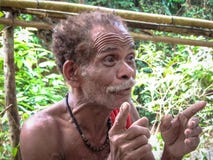 Индонезия тюкованный Лето 2015 Человек Korowai говорит жестикулировать с его руками стоковые фотографии rf Индонезия тюкованный Лето 2015 Человек Korowai говорит жестикулировать с его руками стоковые фотографии rf