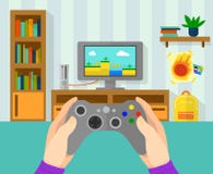 Интерьер комнаты gamer Иллюстрация регулятора игры в руках Мальчик играя на видеоигре на его консоли бесплатная иллюстрация Интерьер комнаты gamer Иллюстрация регулятора игры в руках Мальчик играя на видеоигре на его консоли бесплатная иллюстрация