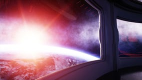 Интерьер космического корабля футуристический Комната Sci fi взгляд земли, восход солнца wonderfull Концепция космоса Интерьер космического корабля футуристический Комната Sci fi взгляд земли, восход солнца wonderfull Концепция космоса