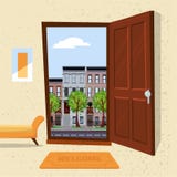Интерьер прихожей с городским пейзажем лета открытой деревянной двери обозревая с домами и зелеными деревьями Мебель внутри мягко бесплатная иллюстрация Интерьер прихожей с городским пейзажем лета открытой деревянной двери обозревая с домами и зелеными деревьями Мебель внутри мягко бесплатная иллюстрация