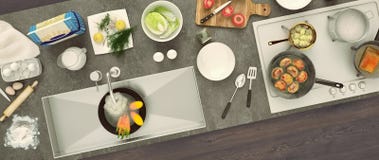 Каменный countertop с блюдами и продуктами панорама Взгляд сверху стоковое фото Каменный countertop с блюдами и продуктами панорама Взгляд сверху стоковое фото