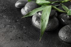 Камни дзэна и бамбуковые листья на черном, крупный план Космос для текста стоковые изображения Камни дзэна и бамбуковые листья на черном, крупный план Космос для текста стоковые изображения