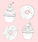 Карта пирожных и donuts руки вычерченная на розовой предпосылке иллюстрация штока Карта пирожных и donuts руки вычерченная на розовой предпосылке иллюстрация штока