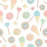 Картина вектора безшовная с леденцом на палочке радуги, сердцами, donuts, звездами, мороженым иллюстрация штока Картина вектора безшовная с леденцом на палочке радуги, сердцами, donuts, звездами, мороженым иллюстрация штока