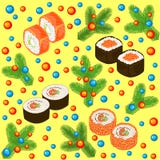 Картина Нового Года безшовная Суши, крены и ветви рождественской елки, украшенные с яркими шариками Соответствующий для паковать иллюстрация вектора Картина Нового Года безшовная Суши, крены и ветви рождественской елки, украшенные с яркими шариками Соответствующий для паковать иллюстрация вектора