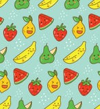 Картина плода Kawaii безшовная с лимоном, клубникой etc иллюстрация штока Картина плода Kawaii безшовная с лимоном, клубникой etc иллюстрация штока