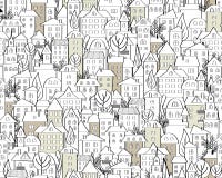 Картина с нарисованными рукой домами doodle Иллюстрация с милыми крышами и деревьями городка Безшовная предпосылка в черно-белом иллюстрация вектора Картина с нарисованными рукой домами doodle Иллюстрация с милыми крышами и деревьями городка Безшовная предпосылка в черно-белом иллюстрация вектора