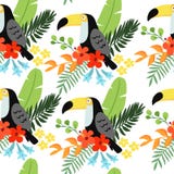 Картина тропических джунглей безшовная с toucan птицей, heliconia и гибискусом цветет и ладонь выходит, плоский дизайн вектор бесплатная иллюстрация Картина тропических джунглей безшовная с toucan птицей, heliconia и гибискусом цветет и ладонь выходит, плоский дизайн вектор бесплатная иллюстрация