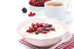 Каша манной крупы с свежими ягодами, изолированными гайками и кофе, стоковое фото rf Каша манной крупы с свежими ягодами, изолированными гайками и кофе, стоковое фото rf