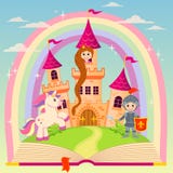 Книга сказки с замком, принцессой, рыцарем, единорогом и радугой бесплатная иллюстрация Книга сказки с замком, принцессой, рыцарем, единорогом и радугой бесплатная иллюстрация